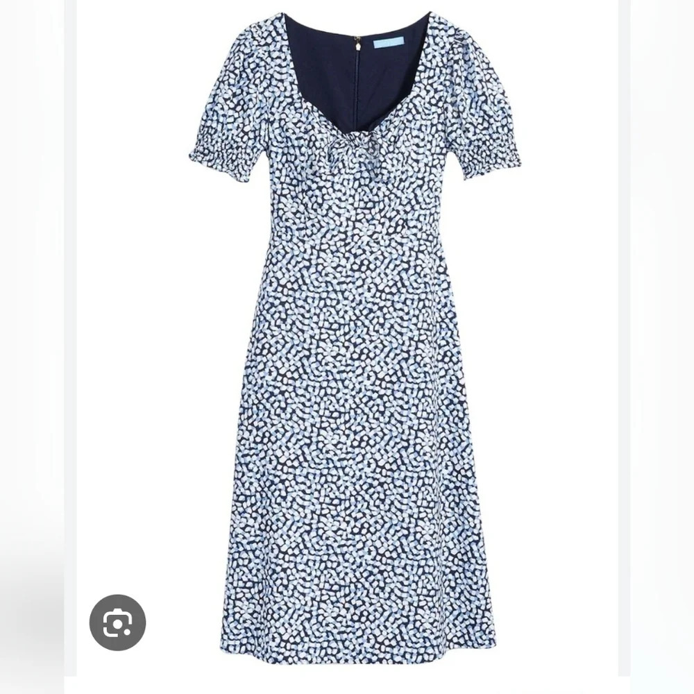Draper James Patsy Dress In Square Geo Blue Cream Ruffled Sleeves Tie Front Sz 6